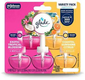 Glade PlugIns Refills Air Freshener, Exotic Tropical Blossoms & Coastal Sunshine Citrus, Scented and Essential Oils for Home and Bathroom, 0.67 Fl Oz, 5 Count Glade PlugIns Refills Air Freshener, Exotic Tropical Blossoms & Coastal Sunshine Citrus, Scented and Essential Oils for Home and Bathroom, 0.67 Fl Oz, 5 Count