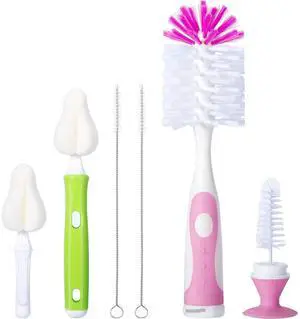 CAREBABYMORE Baby Bottle Brush with One Base Hidden Nylon Nipple Cleaner, 2 Pcs Sponge Nipple Brushes, 2 Pcs Straw Brushes, Bottle Brush with Nipple Cleaner and Suction Cup (Pink) CAREBABYMORE Baby Bottle Brush with One Base Hidden Nylon Nipple Cleaner, 2 Pcs Sponge Nipple Brushes, 2 Pcs Straw Brushes, Bottle Brush with Nipple Cleaner and Suction Cup (Pink)