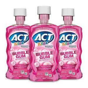 ACT Kids Anticavity Fluoride Mouthwash, Sugar & Alcohol Free Mouth Rinse Strengthens Teeth, Bubble Gum Blowout, 16.9 fl. oz.(Pack of 3) ACT Kids Anticavity Fluoride Mouthwash, Sugar & Alcohol Free Mouth Rinse Strengthens Teeth, Bubble Gum Blowout, 16.9 fl. oz.(Pack of 3)