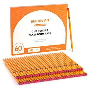 Shuttle Art 60 Pack Pencils, #2 HB, Pre-sharpened Pencils with Top Erasers, Premium Woodcased Yellow Pencil Bulk for Classroom & School Supplies, Writing and Drawing Shuttle Art 60 Pack Pencils, #2 HB, Pre-sharpened Pencils with Top Erasers, Premium Woodcased Yellow Pencil Bulk for Classroom & School Supplies, Writing and Drawing
