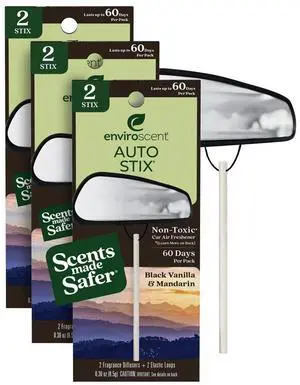 Enviroscent Non-Toxic* Car Air Freshener Auto Stix® - Scents Made Safer - Enjoy Fragrance Lasts Up to 180 Days - Includes Auto Stix® Diffusers & Elastic Loops - Black Vanilla & Mandarin (Pack of 3) Enviroscent Non-Toxic* Car Air Freshener Auto Stix® - Scents Made Safer - Enjoy Fragrance Lasts Up to 180 Days - Includes Auto Stix® Diffusers & Elastic Loops - Black Vanilla & Mandarin (Pack of 3)
