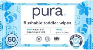 Pura Flushable Toddler Wipes 1 x 60 Wipes, 100% Plastic Free, 99% Water, Hypoallergenic & Fragrance Free, Totally Chlorine Free, Kids Toilet Wipes, Sensitive Skin Pura Flushable Toddler Wipes 1 x 60 Wipes, 100% Plastic Free, 99% Water, Hypoallergenic & Fragrance Free, Totally Chlorine Free, Kids Toilet Wipes, Sensitive Skin