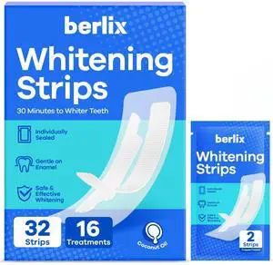 Berlix Teeth Whitening Strips (16 Treatments, 32 Count), Enamel Safe for Teeth Whitener, Whitening Strips with Coconut Oil, Formulated to Be Gentle & Non Slip and Quick-Dry, Stains Removal Berlix Teeth Whitening Strips (16 Treatments, 32 Count), Enamel Safe for Teeth Whitener, Whitening Strips with Coconut Oil, Formulated to Be Gentle & Non Slip and Quick-Dry, Stains Removal