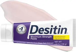 Desitin Maximum Strength Paste, 40% Zinc Oxide Paste, Diaper Rash Healing Ointment for Immediate Relief, Dermatologist Pediatrician Tested, Helps Heal Diaper Rash, Protects Up to 12 Hours, 4.8 Oz Tube Desitin Maximum Strength Paste, 40% Zinc Oxide Paste, Diaper Rash Healing Ointment for Immediate Relief, Dermatologist Pediatrician Tested, Helps Heal Diaper Rash, Protects Up to 12 Hours, 4.8 Oz Tube