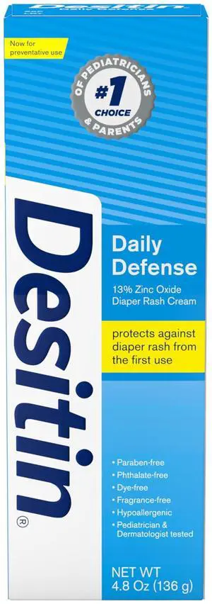 Desitin Daily Defense Baby Diaper Rash Cream with Zinc Oxide to Treat, Relieve & Prevent diaper rash, Hypoallergenic, Dye-, Phthalate- & Paraben-Free, 4.8 oz Desitin Daily Defense Baby Diaper Rash Cream with Zinc Oxide to Treat, Relieve & Prevent diaper rash, Hypoallergenic, Dye-, Phthalate- & Paraben-Free, 4.8 oz