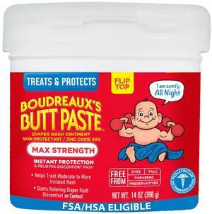 Boudreauxs Butt Paste Max Strength Diaper Rash Cream for Baby, Ointment With Zinc Oxide, 14 oz Flip-Top Jar Boudreauxs Butt Paste Max Strength Diaper Rash Cream for Baby, Ointment With Zinc Oxide, 14 oz Flip-Top Jar