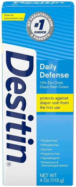 Desitin Daily Defense Baby Diaper Rash Cream with Zinc Oxide to Treat, Relieve & Prevent diaper rash, Hypoallergenic, Dye-, Phthalate- & Paraben-Free, 4 oz Desitin Daily Defense Baby Diaper Rash Cream with Zinc Oxide to Treat, Relieve & Prevent diaper rash, Hypoallergenic, Dye-, Phthalate- & Paraben-Free, 4 oz