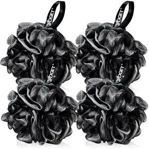 Yoget Bath Loofah Sponge, 4 Pack Black 60G Shower Mesh Ball Soft Pouf Body Scrubber, Exfoliate, Cleanse, Soothe Skin, Black Loofah with White Trim Yoget Bath Loofah Sponge, 4 Pack Black 60G Shower Mesh Ball Soft Pouf Body Scrubber, Exfoliate, Cleanse, Soothe Skin, Black Loofah with White Trim