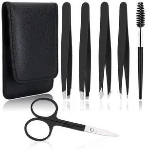 6 PCS Professional Tweezers Set - Stainless Steel Precision Tweezer Kit for Eyebrows, Facial Hair, Ingrown Hair & Splinter Removal with Travel Case (Black) 6 PCS Professional Tweezers Set - Stainless Steel Precision Tweezer Kit for Eyebrows, Facial Hair, Ingrown Hair & Splinter Removal with Travel Case (Black)