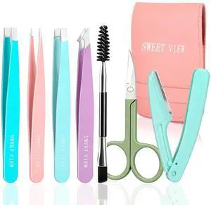 SWEET VIEW 7pcs Eyebrow Tweezers Kit for Women Precision Plucker with Brow Scissors & Razor & Spoolie for Facial, Chin, Brow, Splinter and Ingrown Hair SWEET VIEW 7pcs Eyebrow Tweezers Kit for Women Precision Plucker with Brow Scissors & Razor & Spoolie for Facial, Chin, Brow, Splinter and Ingrown Hair