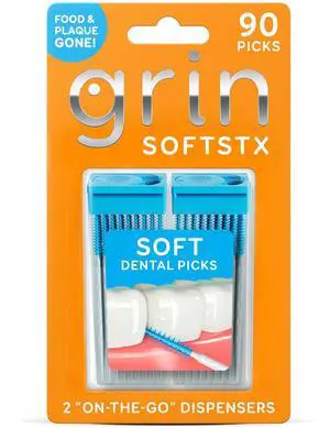 GRIN Softstx, Gentle Dental Picks, 90 Count, Soft Flexible Bristles, Textured Plaque Removing Toothpick, Minty Flavor, for Between Teeth, Refillable Hygienic Case, for Braces, Bridges, and Implants GRIN Softstx, Gentle Dental Picks, 90 Count, Soft Flexible Bristles, Textured Plaque Removing Toothpick, Minty Flavor, for Between Teeth, Refillable Hygienic Case, for Braces, Bridges, and Implants
