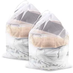 2 Pack Large Mesh Laundry Bags, 24" x 36" Heavy Duty Strong Drawstring Dirty Clothes Bags with Soft Breathable Net, Machine Washable Laundry Bag for College, Dorm, Camp, Travel and Family Use(White) 2 Pack Large Mesh Laundry Bags, 24" x 36" Heavy Duty Strong Drawstring Dirty Clothes Bags with Soft Breathable Net, Machine Washable Laundry Bag for College, Dorm, Camp, Travel and Family Use(White)