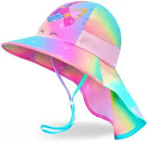 Sun Hat for Kids UV Protection Unicorn Summer, Beach Play Ponytail Hat Wide Brim Neck Flap for Girls 2-9 Years Sun Hat for Kids UV Protection Unicorn Summer, Beach Play Ponytail Hat Wide Brim Neck Flap for Girls 2-9 Years