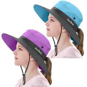 2 Pieces 5-14Y Kids Summer Sun Hat Wide Brim UV Protection for Girls Ponytail Beach Bucket Cap (PurpleSky Blue) 2 Pieces 5-14Y Kids Summer Sun Hat Wide Brim UV Protection for Girls Ponytail Beach Bucket Cap (PurpleSky Blue)