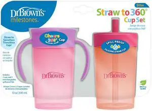 Dr. Brown's Milestones Straw to 360 Convertible Toddler Training Cup Set with Interchangeable Silicone Straw and 360 Degree Cup Lids, Pink Coral, 10 oz/300 mL, BPA-Free, 9m+, 2-Pack Dr. Brown's Milestones Straw to 360 Convertible Toddler Training Cup Set with Interchangeable Silicone Straw and 360 Degree Cup Lids, Pink Coral, 10 oz/300 mL, BPA-Free, 9m+, 2-Pack