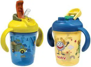 Nuby 2-in-1 Toddler Cup with 360° Weighted Straw & Hard Spout - (2 Pack) 8 oz - Leak-Resistant & Easy Grip Handles - Dishwasher Safe - Tractors/Monsters Nuby 2-in-1 Toddler Cup with 360° Weighted Straw & Hard Spout - (2 Pack) 8 oz - Leak-Resistant & Easy Grip Handles - Dishwasher Safe - Tractors/Monsters