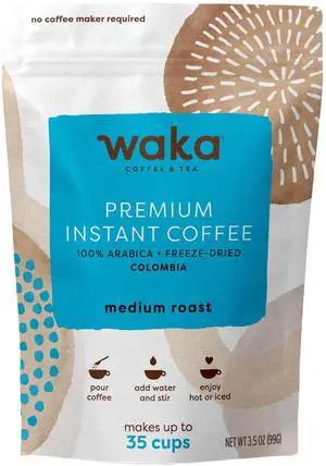 Waka Instant Coffee, Medium Roast - 100% Arabica Colombian Beans, Freeze Dried Granules, No Sugar or Additives - Bulk Bag for Quick Hot and Iced Coffees, Up to 35 Cups (3.5oz) Waka Instant Coffee, Medium Roast - 100% Arabica Colombian Beans, Freeze Dried Granules, No Sugar or Additives - Bulk Bag for Quick Hot and Iced Coffees, Up to 35 Cups (3.5oz)
