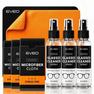 EVEO Glasses Cleaner Spray - Eyeglass Cleaner (No Streaks)| x3 Eye Glass Cleaners Spray + x3 Lens Cleaner Microfiber Cleaning Cloth, Glasses Cleaning Kit Eye Glasses Cleaner Spray & Cloth - 6oz(2ozx3) EVEO Glasses Cleaner Spray - Eyeglass Cleaner (No Streaks)| x3 Eye Glass Cleaners Spray + x3 Lens Cleaner Microfiber Cleaning Cloth, Glasses Cleaning Kit Eye Glasses Cleaner Spray & Cloth - 6oz(2ozx3)