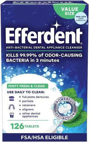 Efferdent Denture Cleaner Tablets Dental Appliances, Aligners, Mouth Guard, and Retainer Cleaner Tablets, Minty Fresh & Clean, 126 Count Efferdent Denture Cleaner Tablets Dental Appliances, Aligners, Mouth Guard, and Retainer Cleaner Tablets, Minty Fresh & Clean, 126 Count