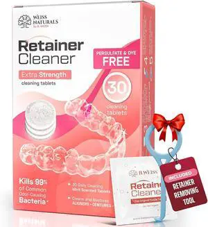Weiss Naturals Retainer Cleaning Tablets, Invisalign Cleaner, Remove Stains, Odors & Plaque, FSA & HSA Eligible, Night Guard Cleaner PERSULFATE & DYE-FREE 1-Month Supply, Denture Cleaners, 30 Tablets Weiss Naturals Retainer Cleaning Tablets, Invisalign Cleaner, Remove Stains, Odors & Plaque, FSA & HSA Eligible, Night Guard Cleaner PERSULFATE & DYE-FREE 1-Month Supply, Denture Cleaners, 30 Tablets