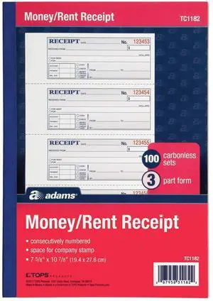 Adams Money and Rent Receipt Book, 3-Part, Carbonless, White/Canary/Pink, 7-5/8" x 10-7/8", Bound Wraparound Cover, 100 Sets per Book, 4 Receipts per Page (TC1182) Adams Money and Rent Receipt Book, 3-Part, Carbonless, White/Canary/Pink, 7-5/8" x 10-7/8", Bound Wraparound Cover, 100 Sets per Book, 4 Receipts per Page (TC1182)