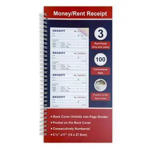 Money and Rent Receipt Book 3-Part Carbonless 5-1/2" x 11" Spiral Bound 100 Sets per Book 4 Receipts per Page, Receipt Book with Carbon Copies(1-Pack) Money and Rent Receipt Book 3-Part Carbonless 5-1/2" x 11" Spiral Bound 100 Sets per Book 4 Receipts per Page, Receipt Book with Carbon Copies(1-Pack)