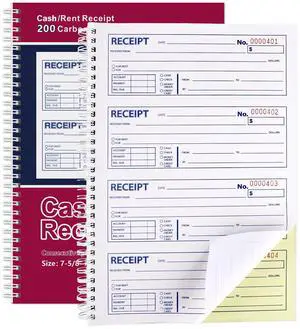 Receipt Books with Carbon Copies, Rent Receipt Book, 2-Part Carbonless, 7-5/8" x 10-7/8" Spiral Bound, (White and Yellow), 200 Sets Per Book Receipt Books with Carbon Copies, Rent Receipt Book, 2-Part Carbonless, 7-5/8" x 10-7/8" Spiral Bound, (White and Yellow), 200 Sets Per Book