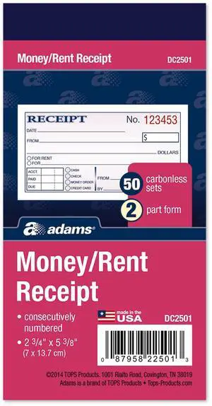 Adams Money and Rent Receipt, 2-3/4 x 5-3/8 Inches, 2-Parts, Carbonless, White/Canary, 50 Sets per Book, 3 Books (DC2501-3) Adams Money and Rent Receipt, 2-3/4 x 5-3/8 Inches, 2-Parts, Carbonless, White/Canary, 50 Sets per Book, 3 Books (DC2501-3)