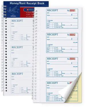 Receipt Book with Carbon Copies,Money and Rent Receipt Book,2-Part Carbonless,5.31" x 11.22",Spiral Bound,200 Sets per Book,4 Receipts per Page. Receipt Book with Carbon Copies,Money and Rent Receipt Book,2-Part Carbonless,5.31" x 11.22",Spiral Bound,200 Sets per Book,4 Receipts per Page.
