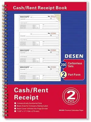 DESEN Money and Rent Receipt Book, 2-Part Carbonless, 7-5/8" x 11" Spiral Bound, 200 Sets, 4 Receipts Per Page, Wraparound Cover DESEN Money and Rent Receipt Book, 2-Part Carbonless, 7-5/8" x 11" Spiral Bound, 200 Sets, 4 Receipts Per Page, Wraparound Cover