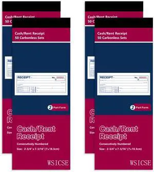 WSICSE 4 Pack Receipt Book with Carbon Copies, Money and Rent Receipt Book 2-Part Carbonless, 2-3/4" x 7-3/16",(White and Yellow) for Small Business,50 Sets per Book WSICSE 4 Pack Receipt Book with Carbon Copies, Money and Rent Receipt Book 2-Part Carbonless, 2-3/4" x 7-3/16",(White and Yellow) for Small Business,50 Sets per Book