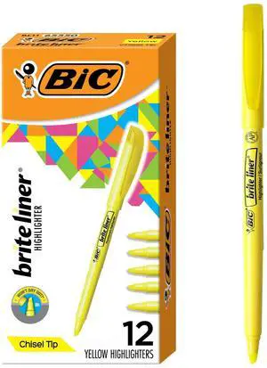 BIC Brite Liner Highlighters, Chisel Tip, School Supplies for Students and Teachers, Ideal for Notes and Textbooks, 12-Count Pack in Yellow BIC Brite Liner Highlighters, Chisel Tip, School Supplies for Students and Teachers, Ideal for Notes and Textbooks, 12-Count Pack in Yellow