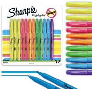 Sharpie Pocket Highlighters, Chisel Tip, Quick Dry, Assorted Fluorescent Colors, 12 Count - For Studying, Note-Taking, School, College, Office, Student & Teacher Supplies Sharpie Pocket Highlighters, Chisel Tip, Quick Dry, Assorted Fluorescent Colors, 12 Count - For Studying, Note-Taking, School, College, Office, Student & Teacher Supplies