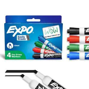 EXPO Dry Erase Markers, Low Odor Ink, Assorted Colors, Chisel Tip, 4 Count - Whiteboard, Calendar, Organization, Essential Supplies for Office, School, Classroom, Teachers EXPO Dry Erase Markers, Low Odor Ink, Assorted Colors, Chisel Tip, 4 Count - Whiteboard, Calendar, Organization, Essential Supplies for Office, School, Classroom, Teachers