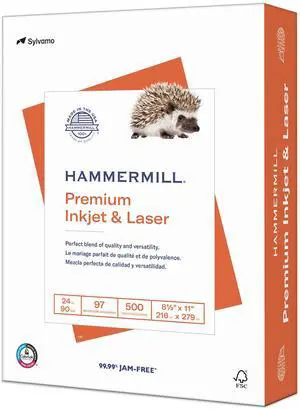 Hammermill Printer Paper, Premium Inkjet & Laser Paper 24 Lb, 8.5 x 11-1 Ream (500 Sheets) - 97 Bright, Made in the USA, 166140R Hammermill Printer Paper, Premium Inkjet & Laser Paper 24 Lb, 8.5 x 11-1 Ream (500 Sheets) - 97 Bright, Made in the USA, 166140R