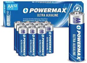 Powermax 12-Count Double AA Batteries, Ultra Long Lasting Alkaline Battery Blister Pack for Home and Office, 10-Year Shelf Life Powermax 12-Count Double AA Batteries, Ultra Long Lasting Alkaline Battery Blister Pack for Home and Office, 10-Year Shelf Life