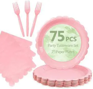 Mulbozy 75 Pink Plates and Napkins Disposable Set Includes 25 Dessert Cake Scalloped Plates, Cocktail Napkins & Forks, for Fork 25 Guests Holiday Party Supplies. Mulbozy 75 Pink Plates and Napkins Disposable Set Includes 25 Dessert Cake Scalloped Plates, Cocktail Napkins & Forks, for Fork 25 Guests Holiday Party Supplies.