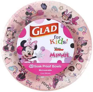 Glad for Kids Disney Mickey and Friends Disposable Paper Bowls, Pink Minnie - Heavy Duty, Soak-Proof, Microwavable Kid-Friendly Snack Bowls for Everyday Use, 12 Ounce, 40 Count Glad for Kids Disney Mickey and Friends Disposable Paper Bowls, Pink Minnie - Heavy Duty, Soak-Proof, Microwavable Kid-Friendly Snack Bowls for Everyday Use, 12 Ounce, 40 Count