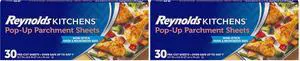 Reynolds Kitchens Pop-Up Parchment Paper Sheets, 30 Count, Fits Standard Baking Pans and Cookie Sheets, Non-Curling, Non-Stick, Pre-Cut, Oven-Safe Up to 425F, 10.75 in x 13.75 in (Pack of 2) Reynolds Kitchens Pop-Up Parchment Paper Sheets, 30 Count, Fits Standard Baking Pans and Cookie Sheets, Non-Curling, Non-Stick, Pre-Cut, Oven-Safe Up to 425F, 10.75 in x 13.75 in (Pack of 2)