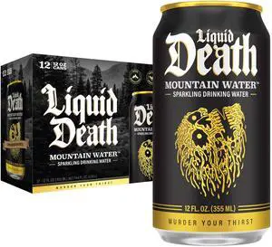 Liquid Death Sparkling Mountain Water, Real Mountain Source, Ice-Cold Cans, Infinitely Recyclable, 12 Fl Oz (Pack of 12) Liquid Death Sparkling Mountain Water, Real Mountain Source, Ice-Cold Cans, Infinitely Recyclable, 12 Fl Oz (Pack of 12)