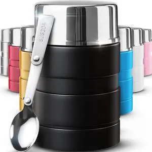 Stainless Steel Thermo For Hot Food 17OZ with Folding Spoon, Vacuum Insulated Food Container, Soup Thermo with Wide Mouth, Insulated Food Jar for Hot & Cold Food, Black Stainless Steel Thermo For Hot Food 17OZ with Folding Spoon, Vacuum Insulated Food Container, Soup Thermo with Wide Mouth, Insulated Food Jar for Hot & Cold Food, Black