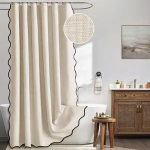 Beige Scalloped Shower Curtain Linen Textured with 12 Metal Hooks Cute Heavy Duty Washable Waterproof Neutral Thick Cloth Shower Curtains with Black Border for Bathroom Bathtub,W72*L72 Cream Beige Scalloped Shower Curtain Linen Textured with 12 Metal Hooks Cute Heavy Duty Washable Waterproof Neutral Thick Cloth Shower Curtains with Black Border for Bathroom Bathtub,W72*L72 Cream