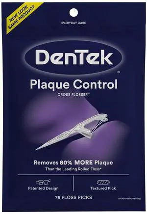 DenTek Plaque Control Floss Picks, X-Shaped Cross Flosser Dental Flossers, Easy Reach Teeth Cleaning, Plaque Removal, Oral Care, 75 Count (Pack of 1) DenTek Plaque Control Floss Picks, X-Shaped Cross Flosser Dental Flossers, Easy Reach Teeth Cleaning, Plaque Removal, Oral Care, 75 Count (Pack of 1)