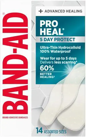 BAND-AID Brand Pro Heal 5 Day Protect, Ultra-Thin Hydrocolloid for Advanced Healing, 100% Waterproof First Aid Adhesive Bandages Provide Less Scarring Than Uncovered Wound, Assorted Sizes, 14 Count BAND-AID Brand Pro Heal 5 Day Protect, Ultra-Thin Hydrocolloid for Advanced Healing, 100% Waterproof First Aid Adhesive Bandages Provide Less Scarring Than Uncovered Wound, Assorted Sizes, 14 Count