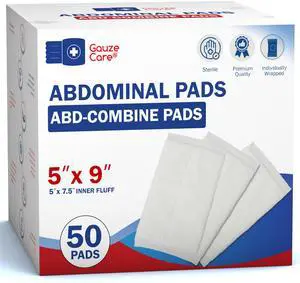 GauzeCare Sterile Abdominal- ABD Combine Pads| 50-Pack, 5 x 9 Inches| Extra Absorbent & Thick, Individually Wrapped Wound Dressing, First Aid Pads| Surgical-Grade, Nonstick- for Heavy Leakage, Post Op GauzeCare Sterile Abdominal- ABD Combine Pads| 50-Pack, 5 x 9 Inches| Extra Absorbent & Thick, Individually Wrapped Wound Dressing, First Aid Pads| Surgical-Grade, Nonstick- for Heavy Leakage, Post Op