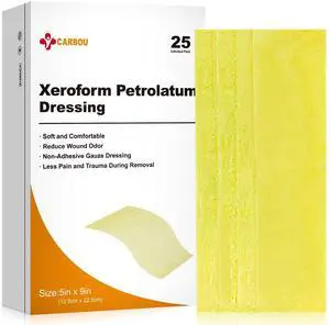 Carbou Medical Xeroform Petrolatum Dressing 5"x9", 25 Individual Pack, Non-Adherent Gauze Pads, Soft Fine Mesh Gauze Patch for Wound Care, Burns, Lacerations, Skin Grafts & Surgical Incisions Carbou Medical Xeroform Petrolatum Dressing 5"x9", 25 Individual Pack, Non-Adherent Gauze Pads, Soft Fine Mesh Gauze Patch for Wound Care, Burns, Lacerations, Skin Grafts & Surgical Incisions