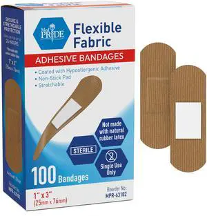MED PRIDE Hypoallergenic Latex Free Fabric Adhesive Bandages, Nonstick Pad, Sterile, Individually Wrapped (1'' x 3'' - 100 Count) MED PRIDE Hypoallergenic Latex Free Fabric Adhesive Bandages, Nonstick Pad, Sterile, Individually Wrapped (1'' x 3'' - 100 Count)