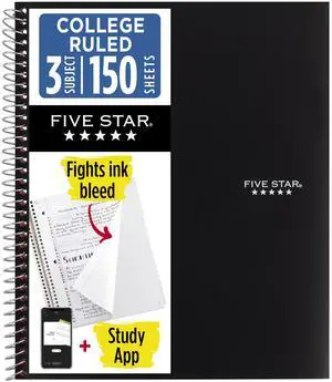 Five Star Spiral Notebook + Study App, 3 Subject, College Ruled Paper, Fights Ink Bleed, Water Resistant Cover, 8-1/2" x 11", 150 Sheets, Black (72069) Five Star Spiral Notebook + Study App, 3 Subject, College Ruled Paper, Fights Ink Bleed, Water Resistant Cover, 8-1/2" x 11", 150 Sheets, Black (72069)