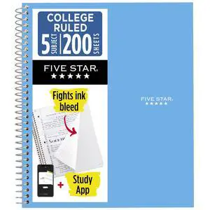 Five Star Spiral Notebook + Study App, 5 Subject, College Ruled Paper, 8-1/2" x 11", 200 Sheets, Fights Ink Bleed, Water Resistant Cover, Pacific Blue (73635) Five Star Spiral Notebook + Study App, 5 Subject, College Ruled Paper, 8-1/2" x 11", 200 Sheets, Fights Ink Bleed, Water Resistant Cover, Pacific Blue (73635)