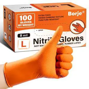 Borje Orange 8 Mil Nitrile Disposable Gloves, Heavy-Duty Mechanic Gloves, 100 Count, Large, Latex & Powder Free with Raised Diamond Texture, Industrial, Automotive, Gardening Borje Orange 8 Mil Nitrile Disposable Gloves, Heavy-Duty Mechanic Gloves, 100 Count, Large, Latex & Powder Free with Raised Diamond Texture, Industrial, Automotive, Gardening
